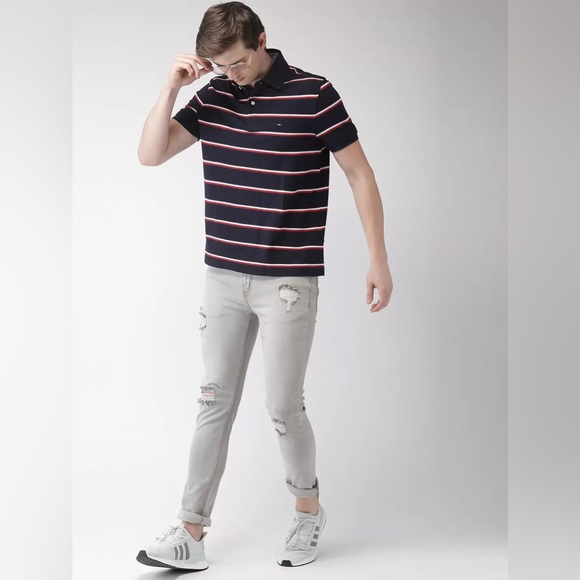 EUC Men’s Size Medium Tommy Hilfiger Performance Pique Striped Polo Shirt Navy - Picture 5 of 12